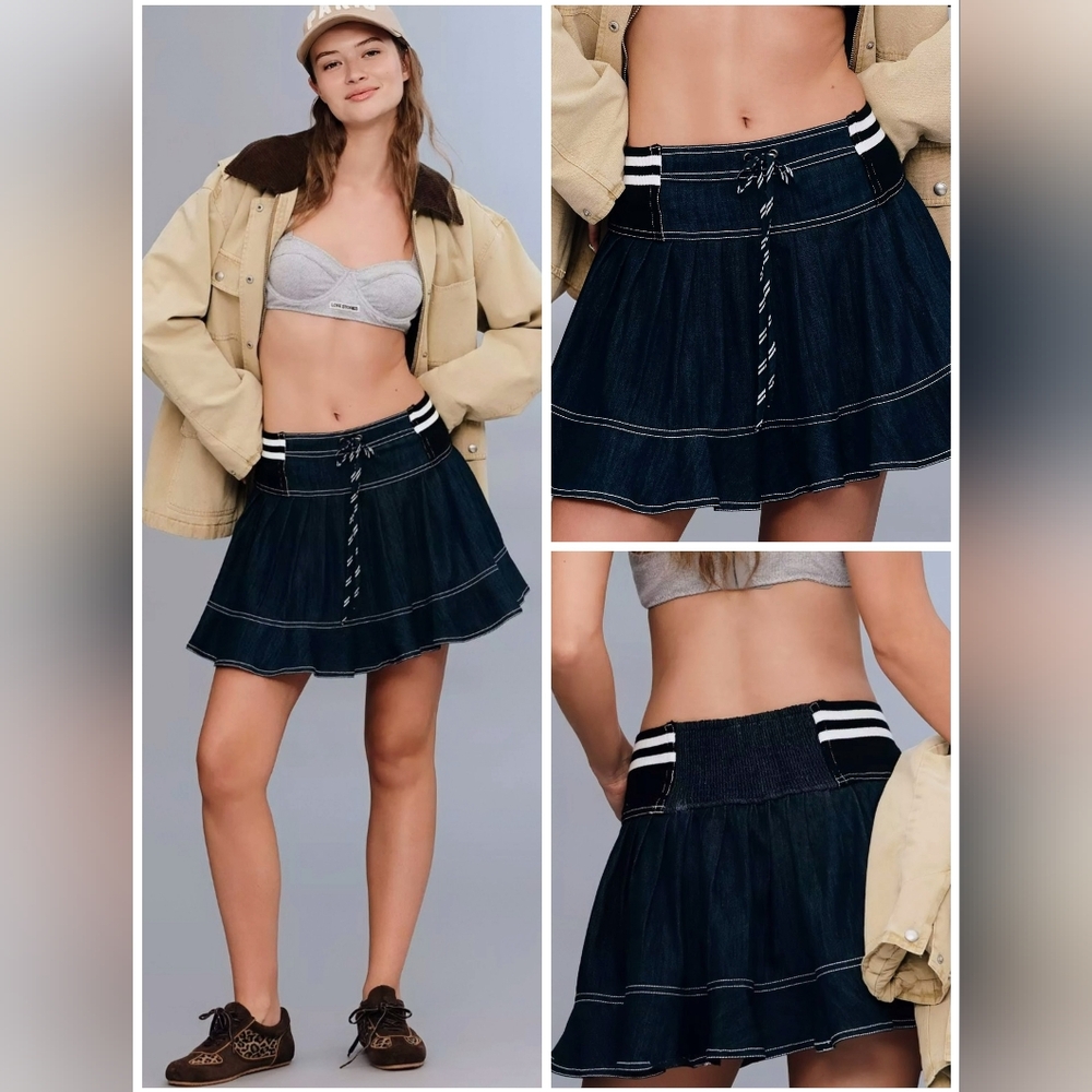 NWT! Y2K-Style, XL, Sporty Pleated Denim Mini Skirt, Pilcro by Anthropologie